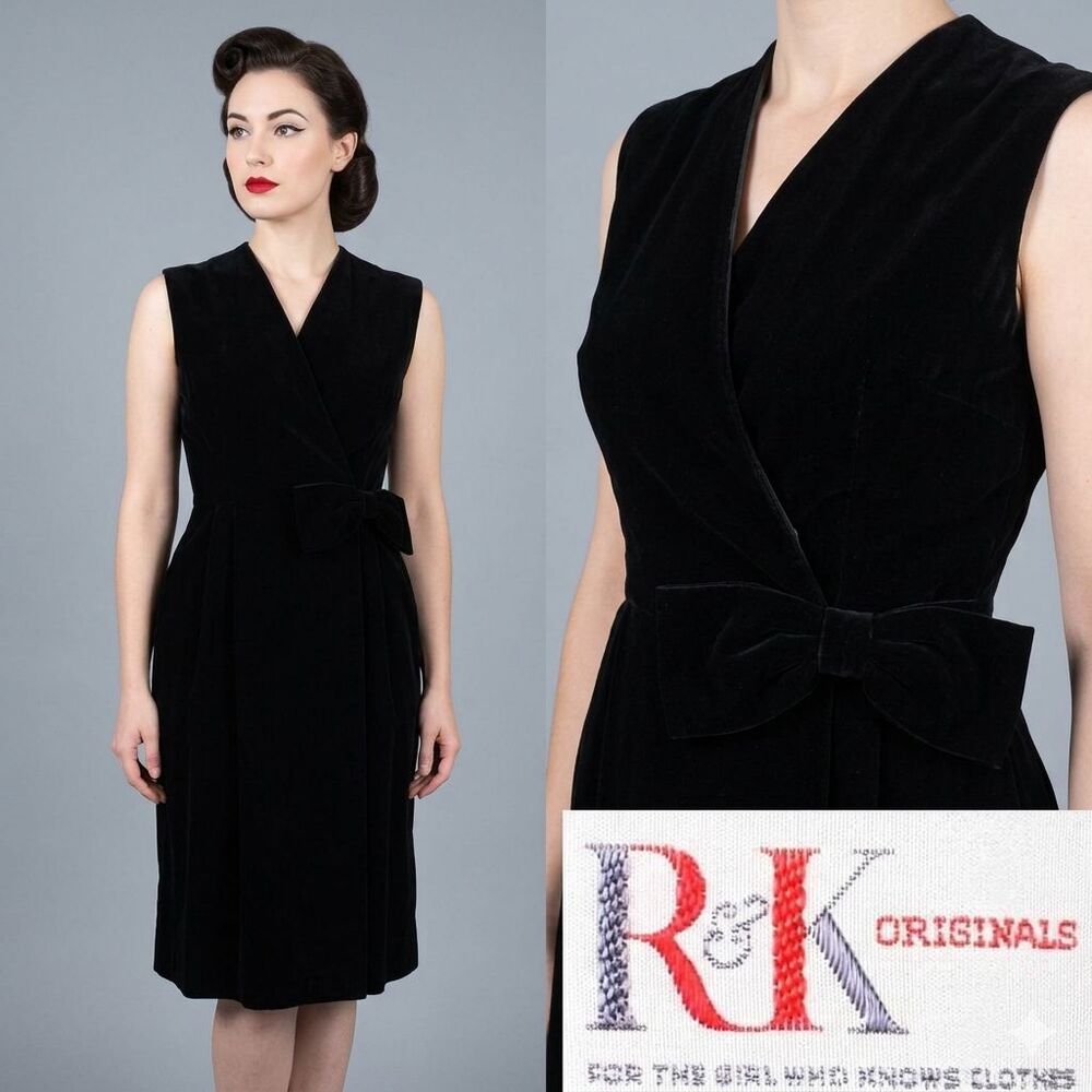 Vintage 50s R&K Originals Black Velvet Wiggle Dress Side Bow Cocktail Pinup LBD